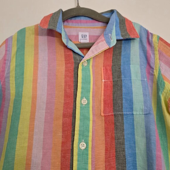GAP Kids Boys Short Sleeve Button Shirt Colorful Stripes Linen Blend Size S 6-7 - Picture 2 of 6